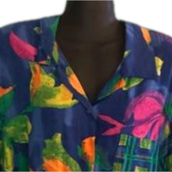 2X CM Shapes pink blue yellow floral print short sleeve button up shirt - Picture 5 of 15
